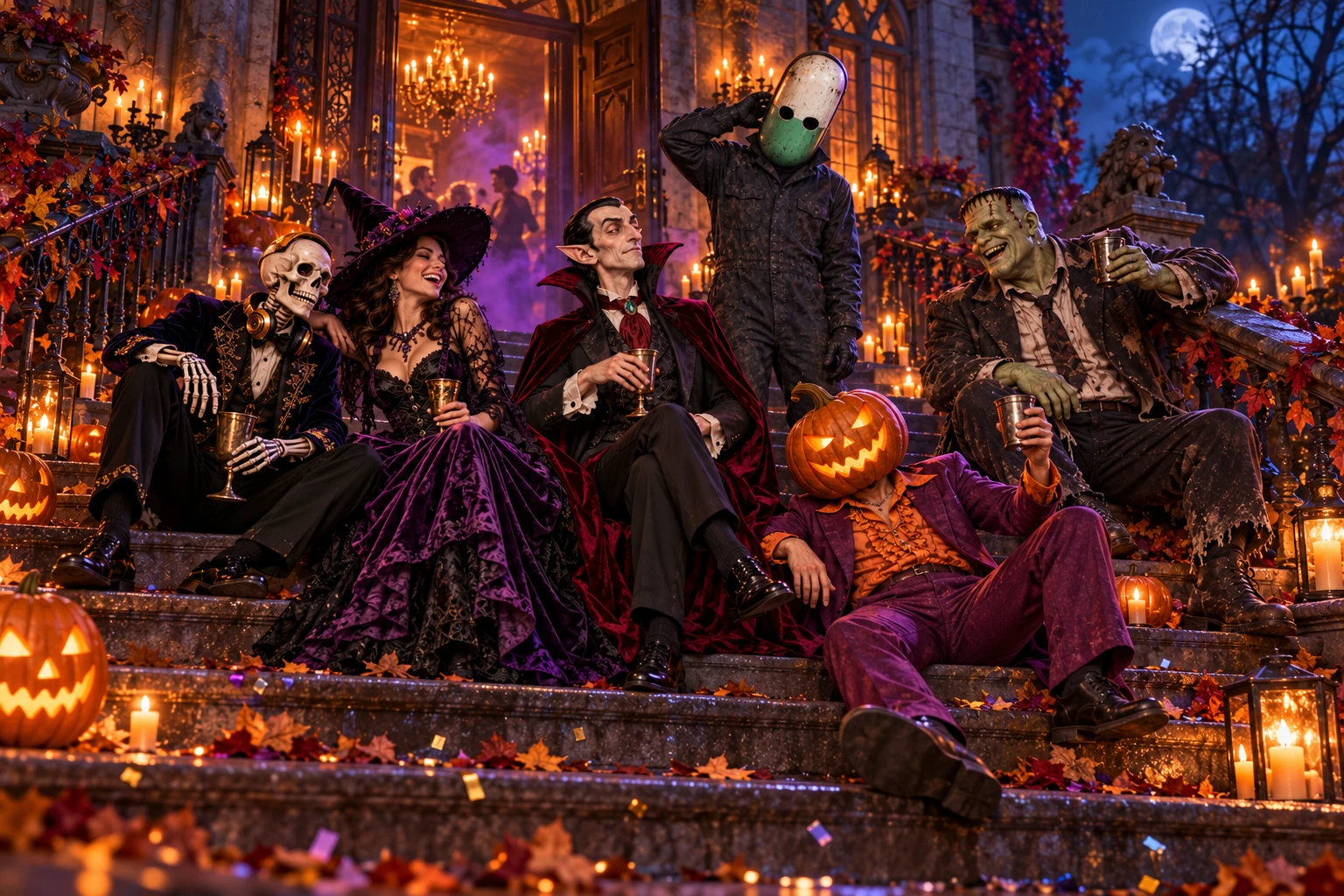 The entire costumed group gathers on the old mansion steps for an awkward late-night party photograph.