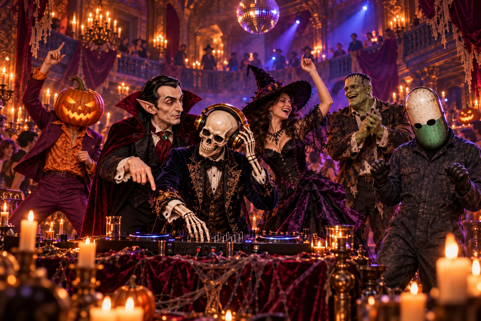 The skeleton DJ works the booth while the witch, vampire, pumpkin dancer and other costumed guests fill the mansion dance floor.